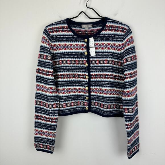 J.Crew Fair Isle Lady Jacket Boiled Wool Blend Gold Buttons Preppy Navy M NWT - Picture 5 of 15
